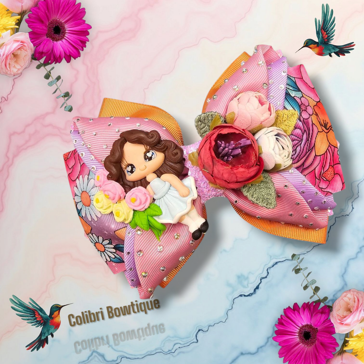 Fancy Flower Clay Doll Theme Hair Bow