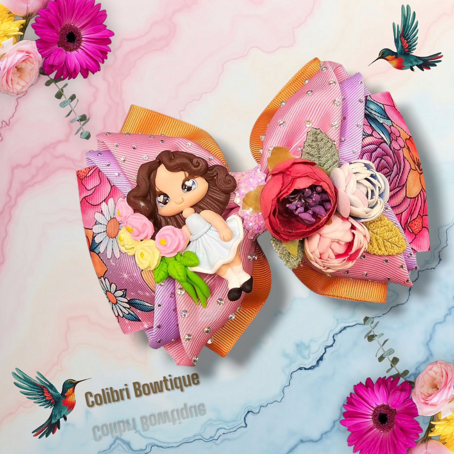 Fancy Flower Clay Doll Theme Hair Bow